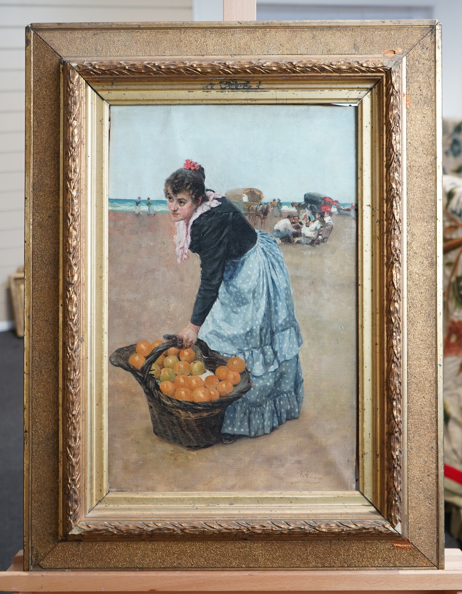 Spanish School, 20th century, Study of a fruit seller on a beach